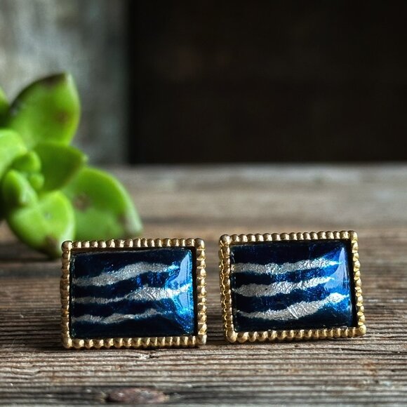 Blue Cuff Links w/ Foil Abstract Design - Picture 1 of 7
